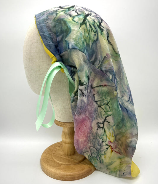 Reversible yellow and multicoloured all silk hair wrap, loc soc (upcycled silk) SilkGenie