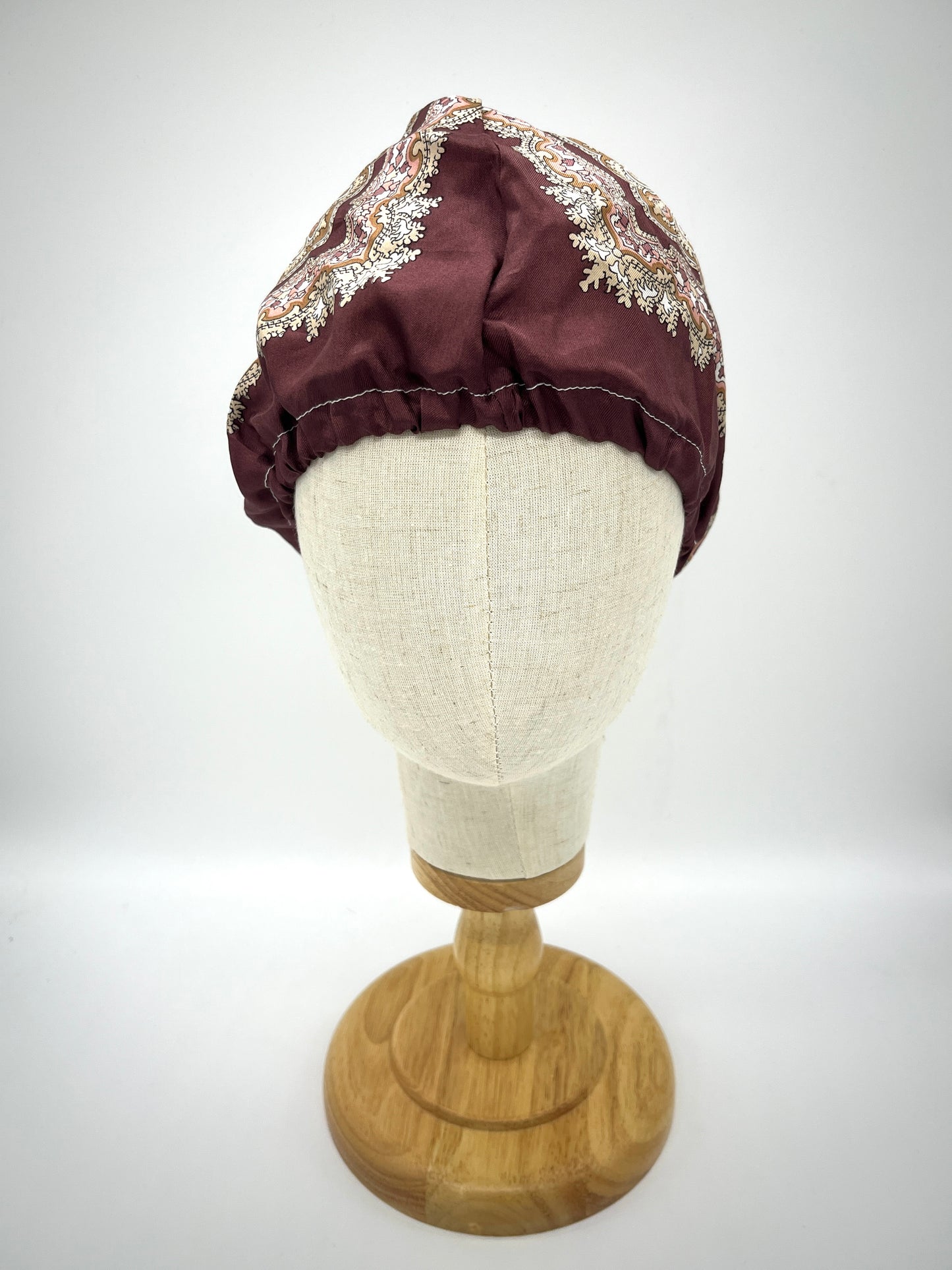 Dark red and white silk hair bonnet, wrap, beanie (upcycled silk) SilkGenie
