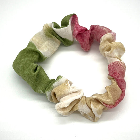 Green and pink real silk skinny scrunchie (upcycled silk) SilkGenie
