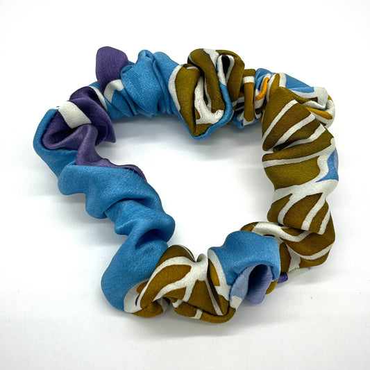 Blue and bronze real silk skinny scrunchie (upcycled silk) SilkGenie