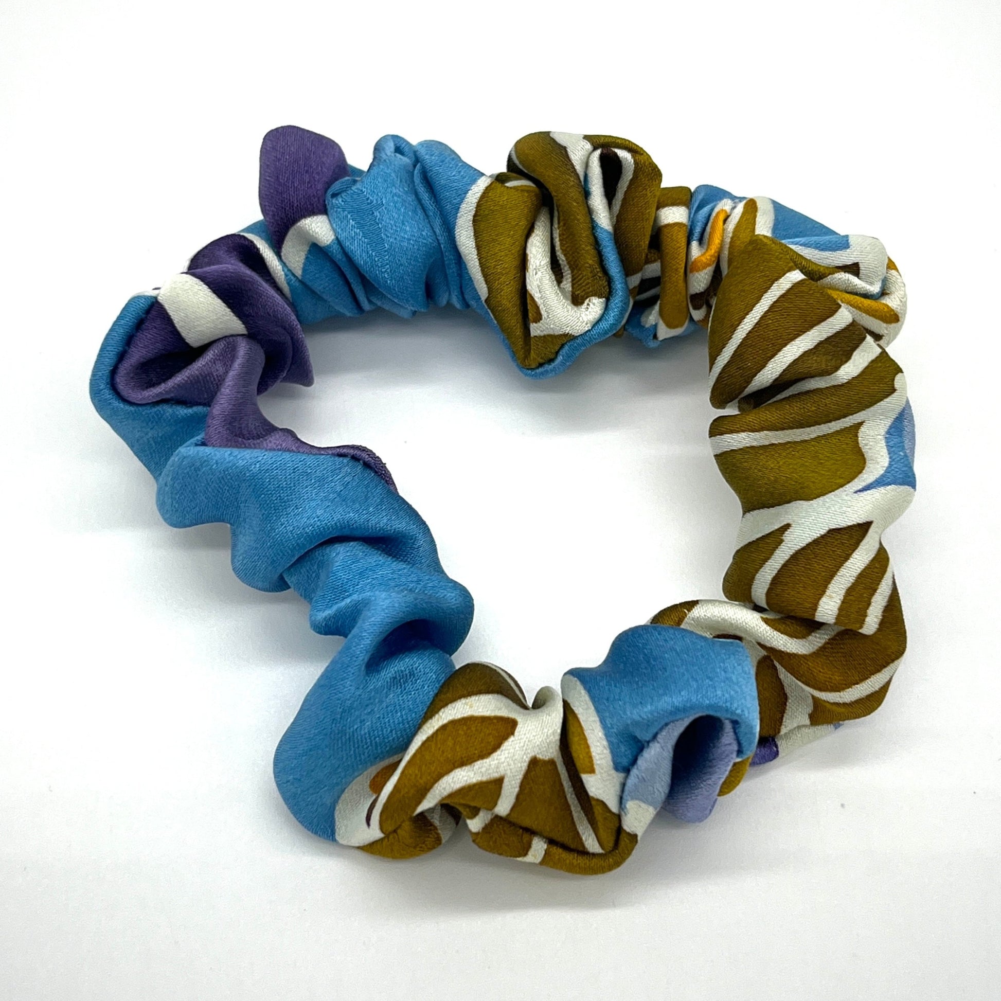 Blue and bronze real silk skinny scrunchie (upcycled silk) SilkGenie
