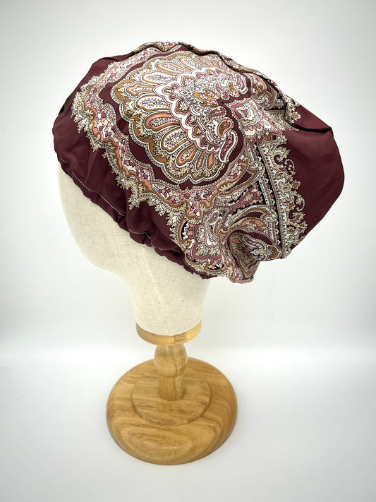 Dark red and white silk hair bonnet, wrap, beanie (upcycled silk) SilkGenie