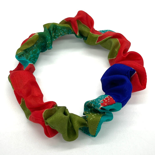 Red, green and blue real silk skinny scrunchie (upcycled silk) SilkGenie