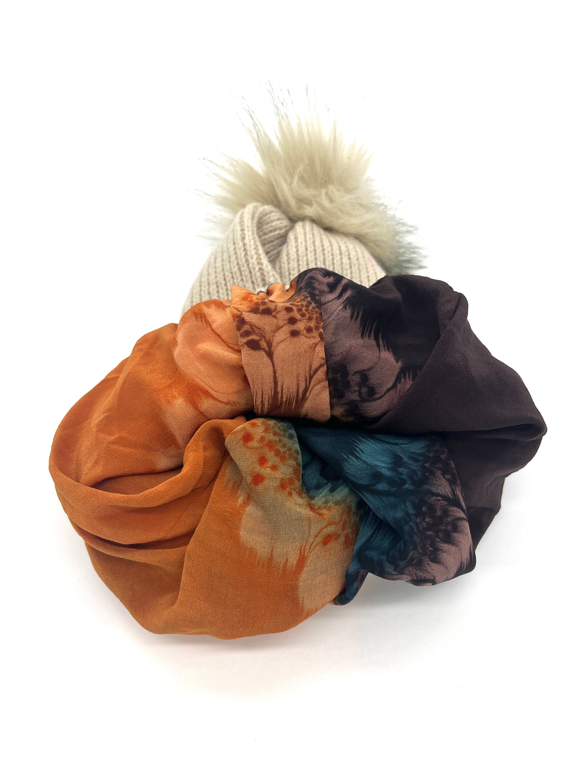 Beige, orange and brown silk lined woolly hat, beanie (upcycled silk) SilkGenie