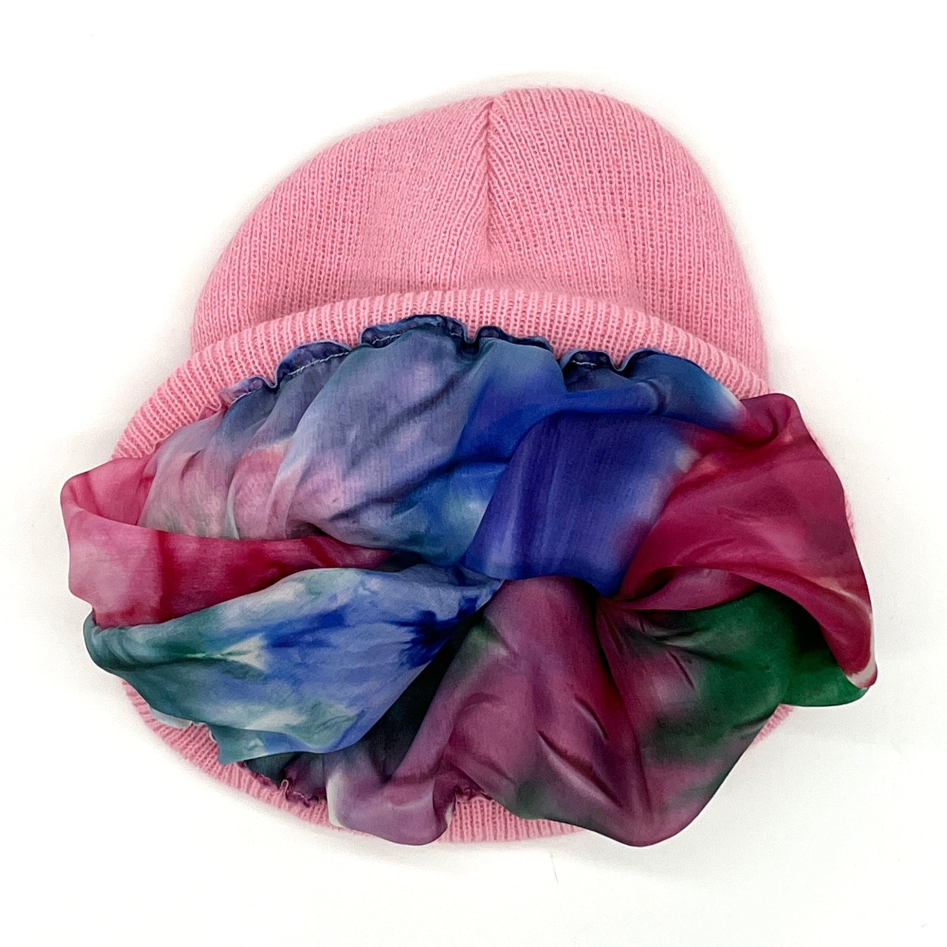 Pink and multicoloured silk lined woolly hat, beanie - Miss Sparrow London (upcycled silk) SilkGenie
