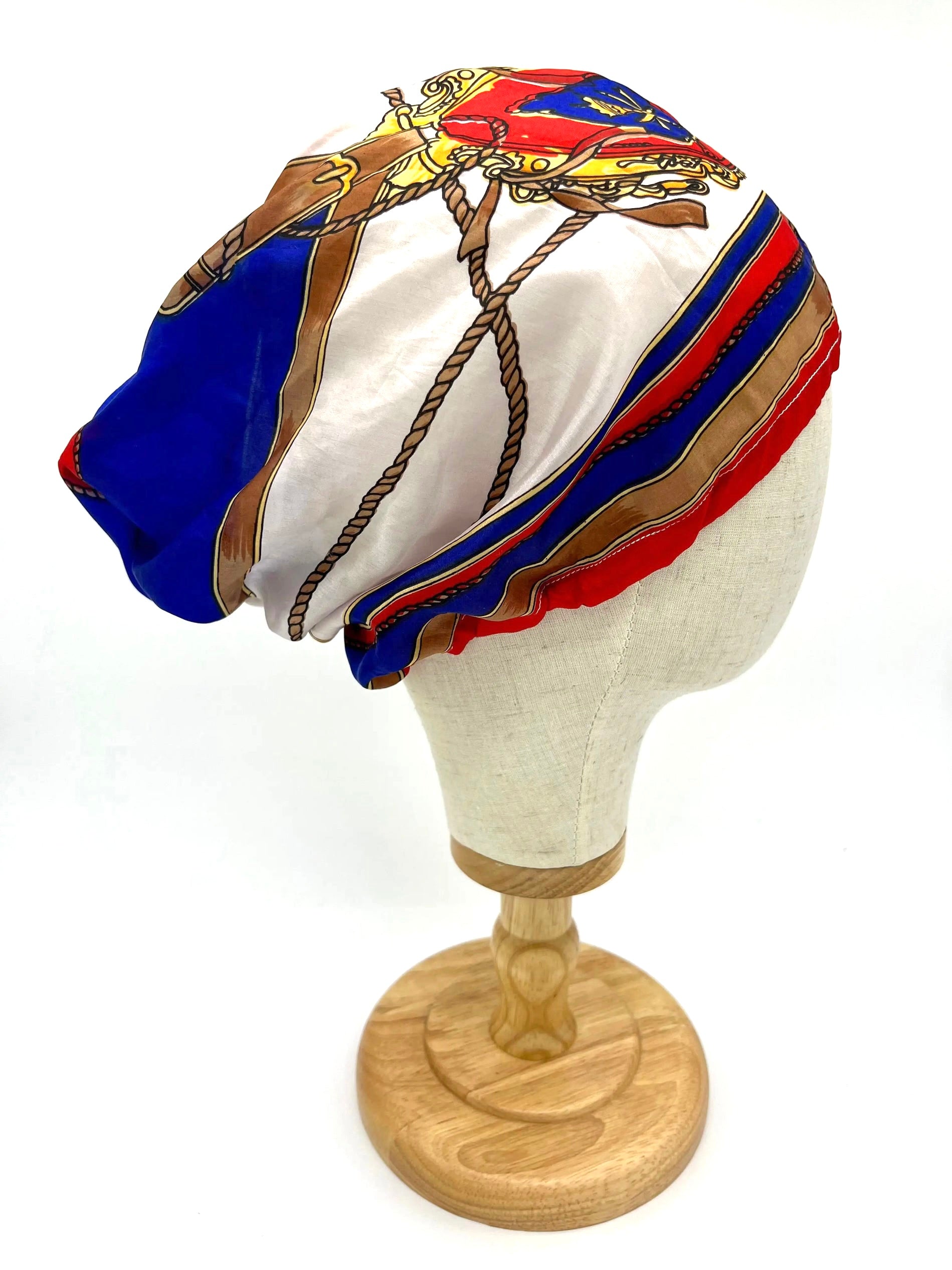 Blue, white and red silk hair bonnet, wrap, beanie (upcycled silk) SilkGenie
