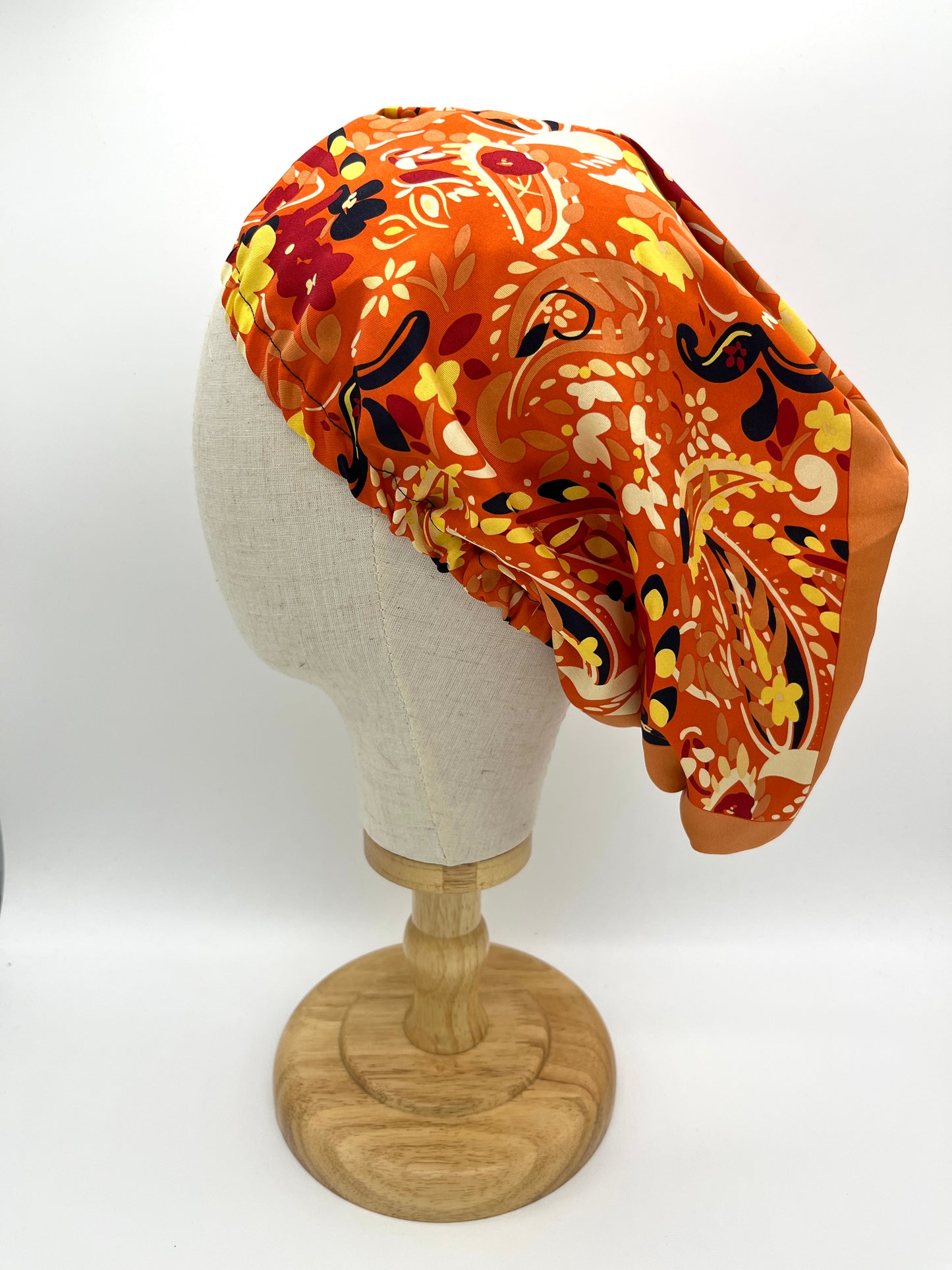 Orange and yellow silk hair bonnet, wrap, beanie (upcycled silk) SilkGenie